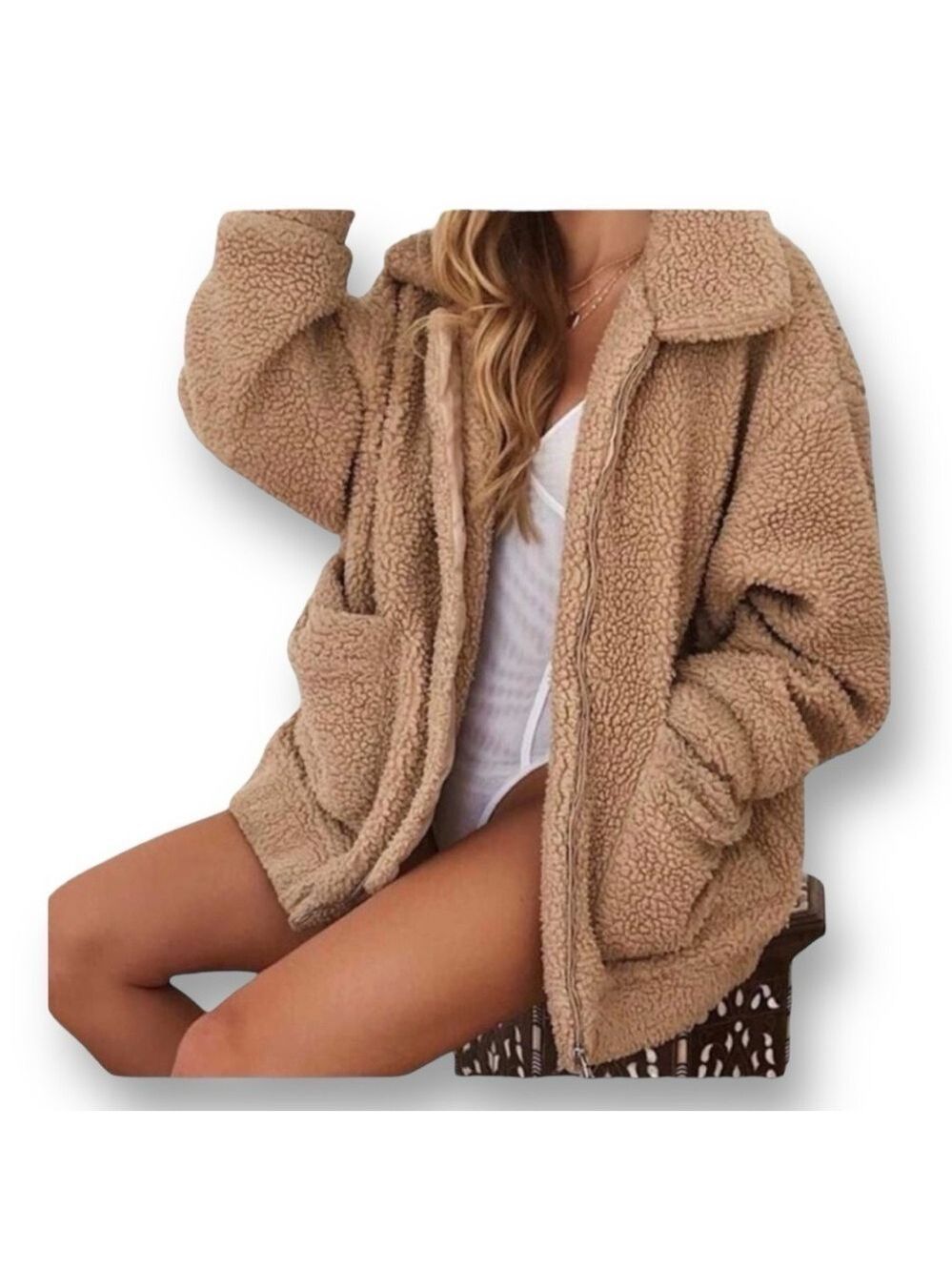 Steve Madden Sherpa Fleece Jacket Warm Beige/Camel Size M